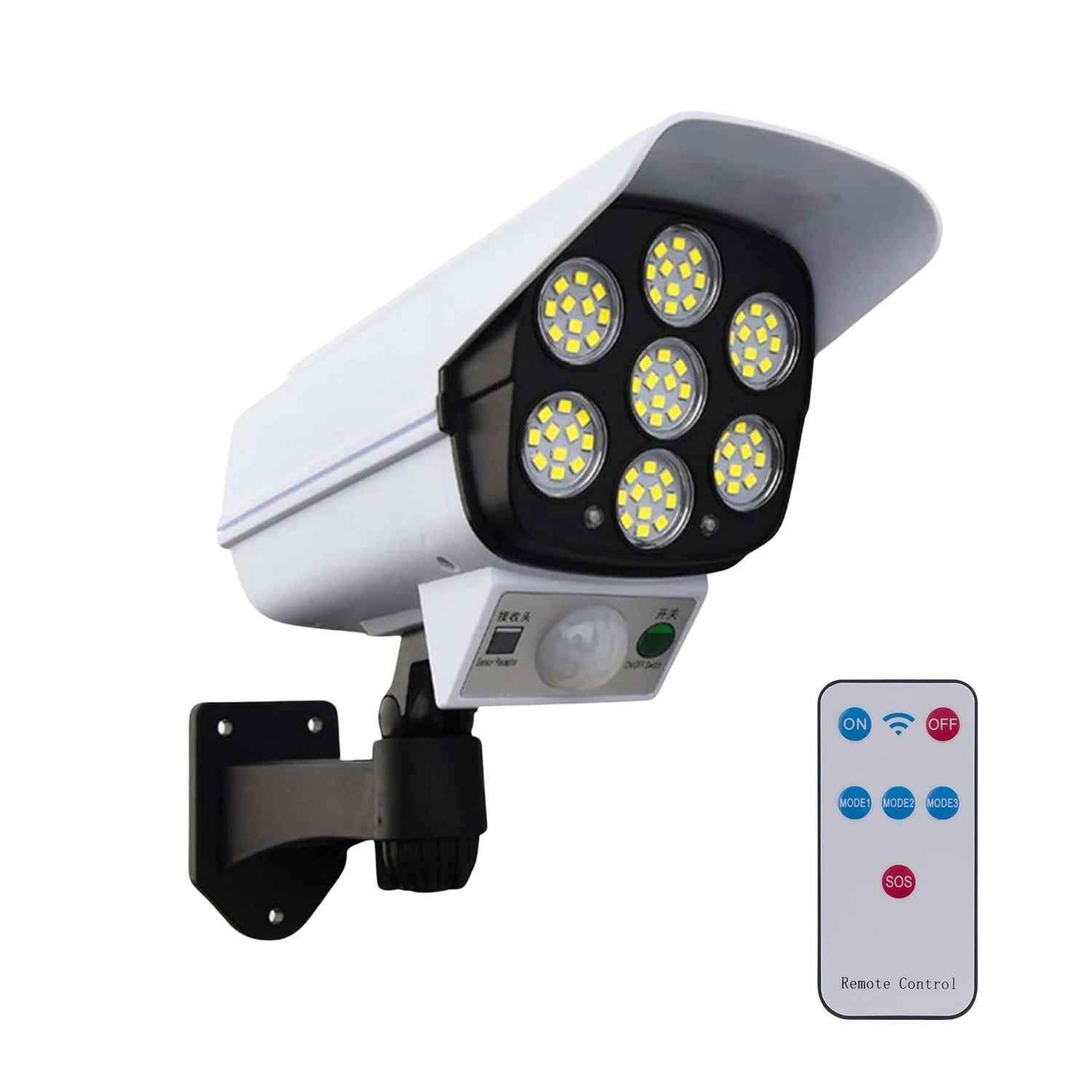 Motion-activated solar security camera light illuminating a dark outdoor area.