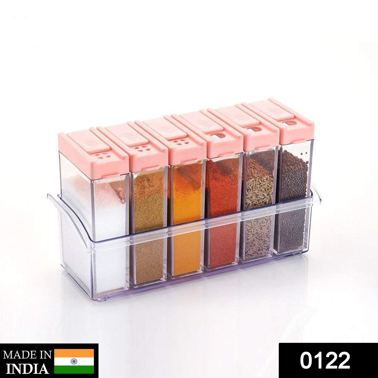 Airtight plastic spice jars in vibrant multicolor, neatly arranged.