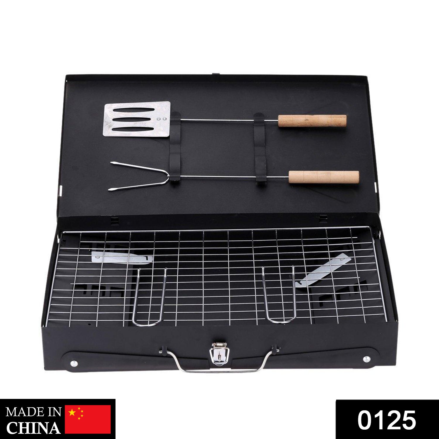 Unfolded FirePot Portable Barbecue Grill, showcasing the charcoal tray and grill rack.