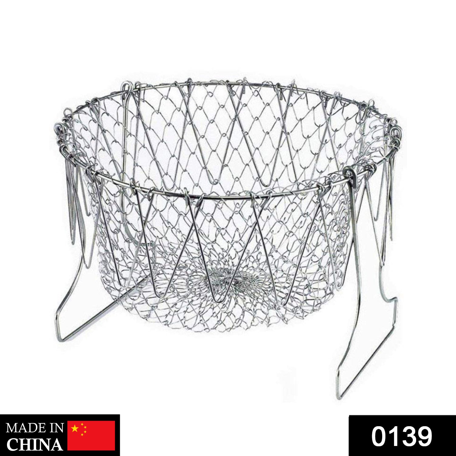 The multi-functional foldable strainer basket shown in its compact, flat storage configuration.