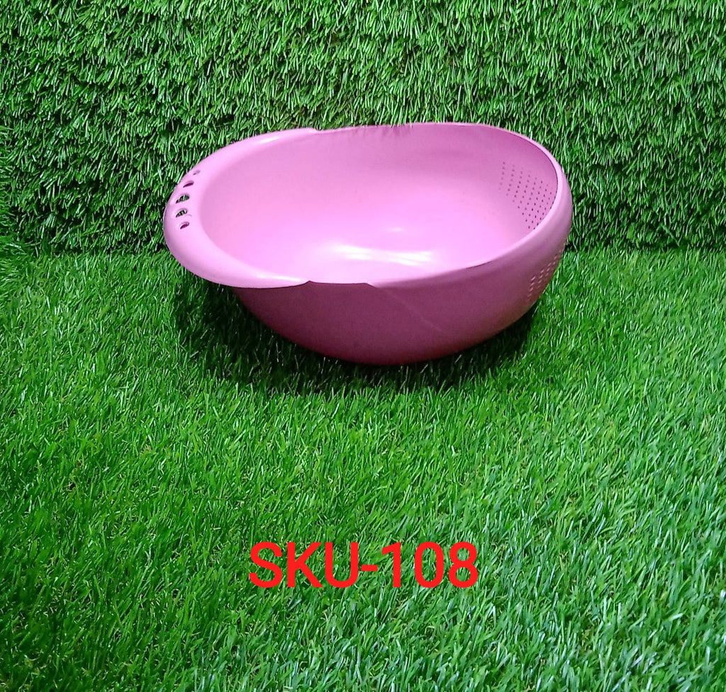 Plastic rice strainer showcased from an angle, highlighting its depth.