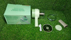 Side view of the electric vegetable cutter, compact and modern design.