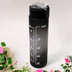Black motivational water bottle shown with its detachable straw and lid components for easy cleaning.