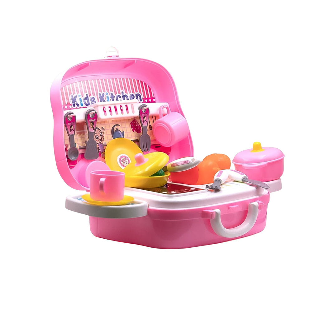 23-piece kids kitchen play set packed securely in its portable suitcase