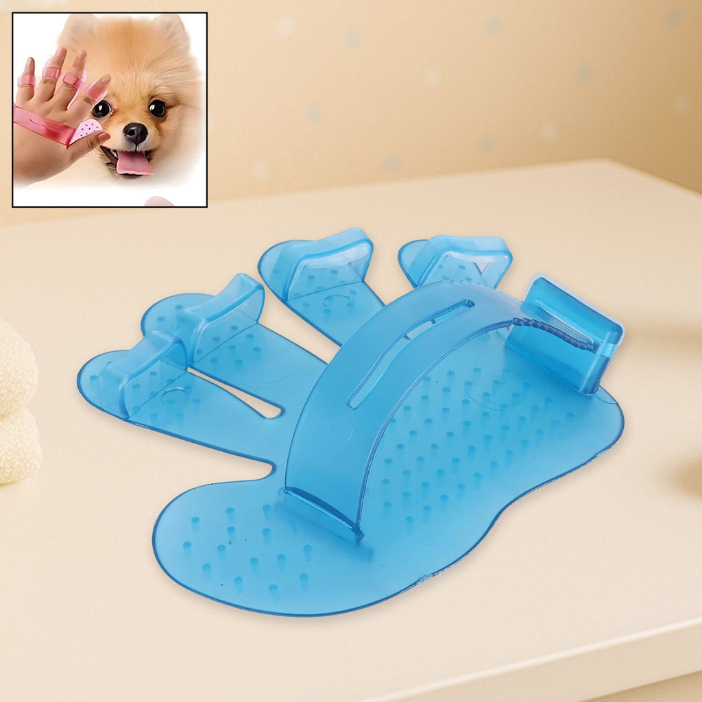 Pet grooming tool being used on a dog's coat for cleaning and massaging