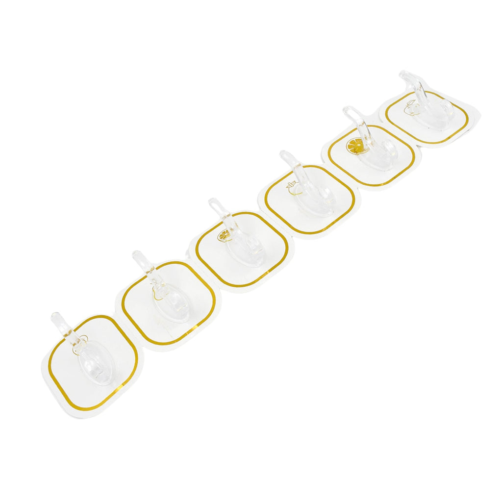 Packaging of the 6-piece transparent adhesive hook set, highlighting its key features.