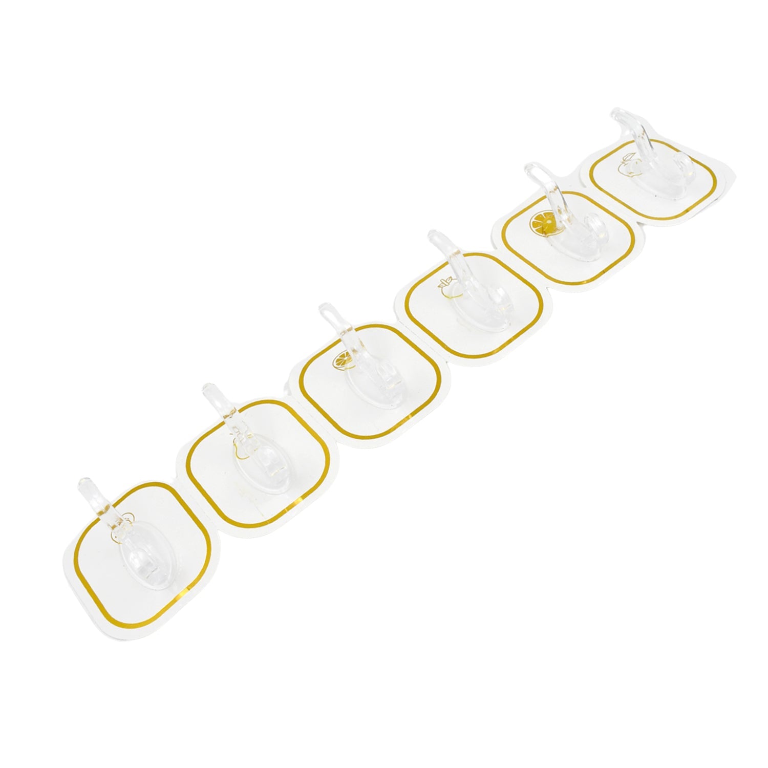 Packaging of the 6-piece transparent adhesive hook set, highlighting its key features.