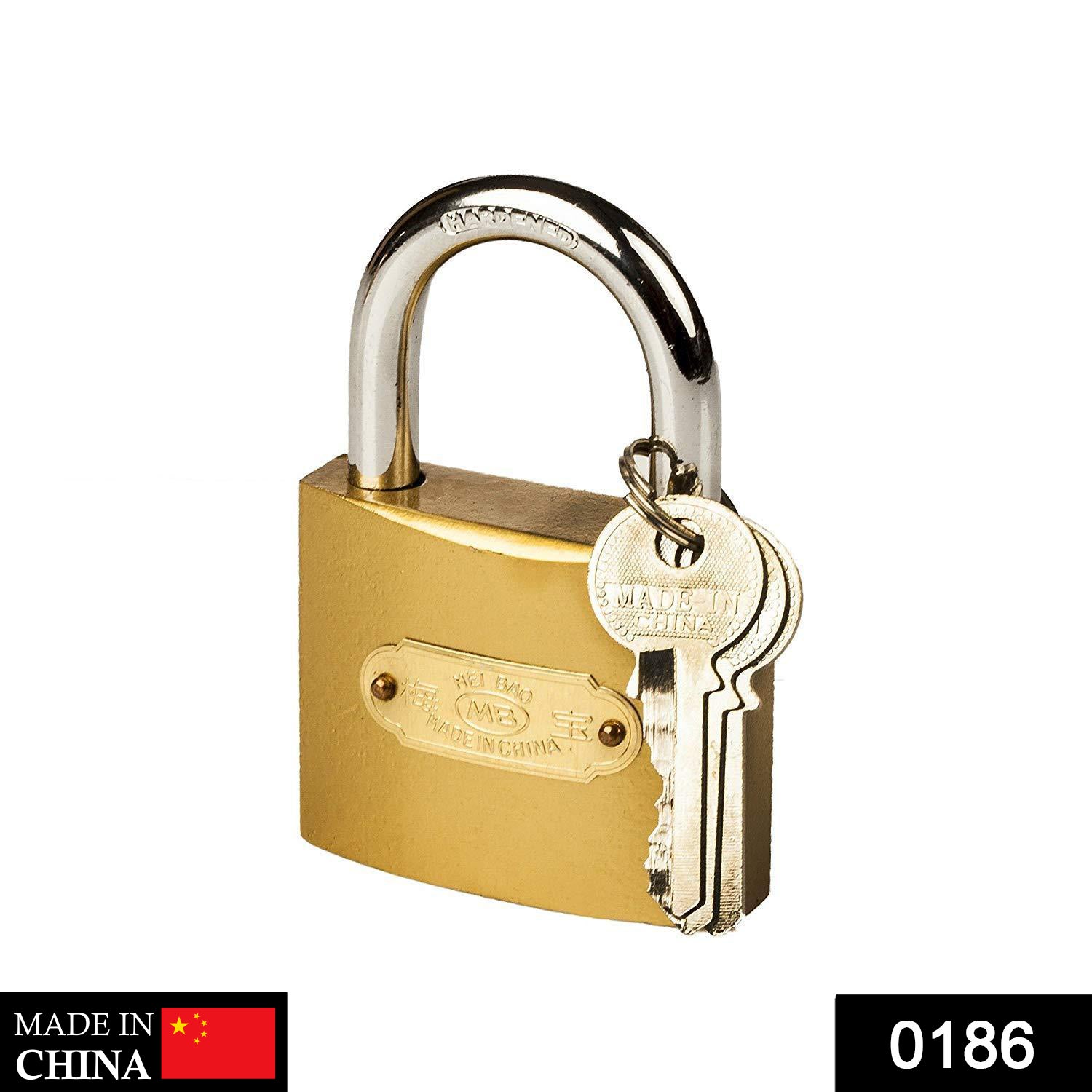 Imitation copper padlock with two matching keys, ready for securing your belongings.