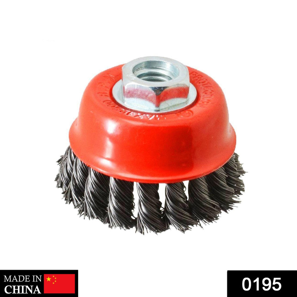 Durable black wire cup brush, perfect for tough metal cleaning.