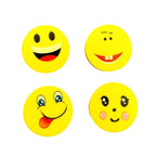 Assortment of colorful smiley face erasers arranged for display.