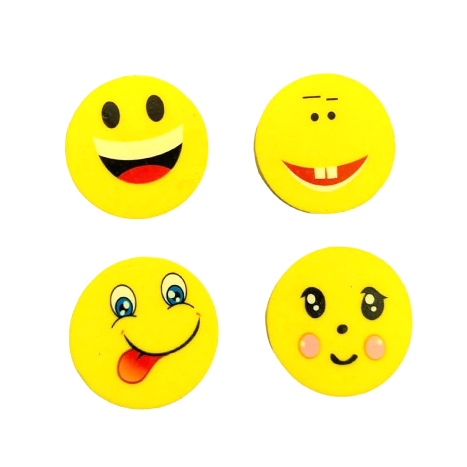 Assortment of colorful smiley face erasers arranged for display.