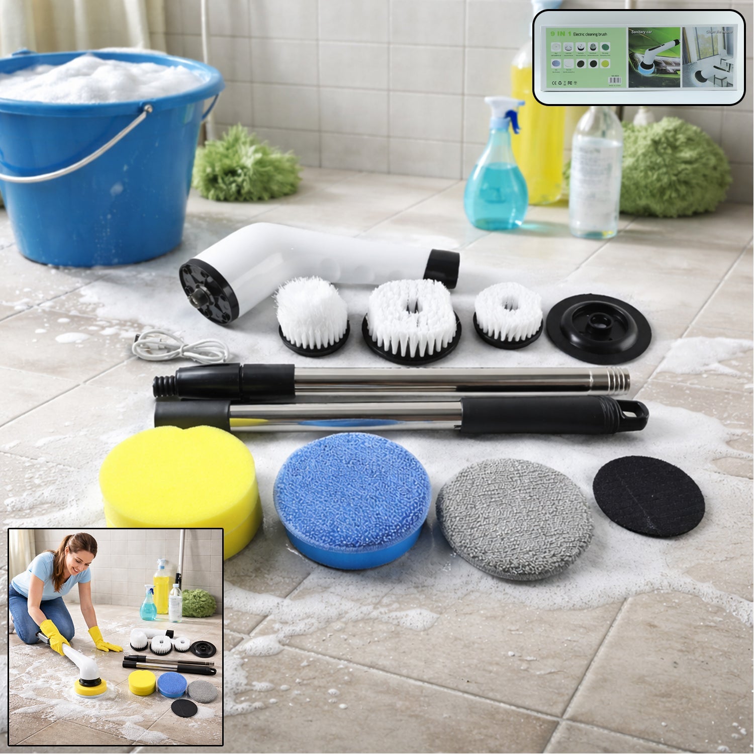 Electric Spin Scrubber with telescopic handle and 9 attachments, ready for home cleaning.
