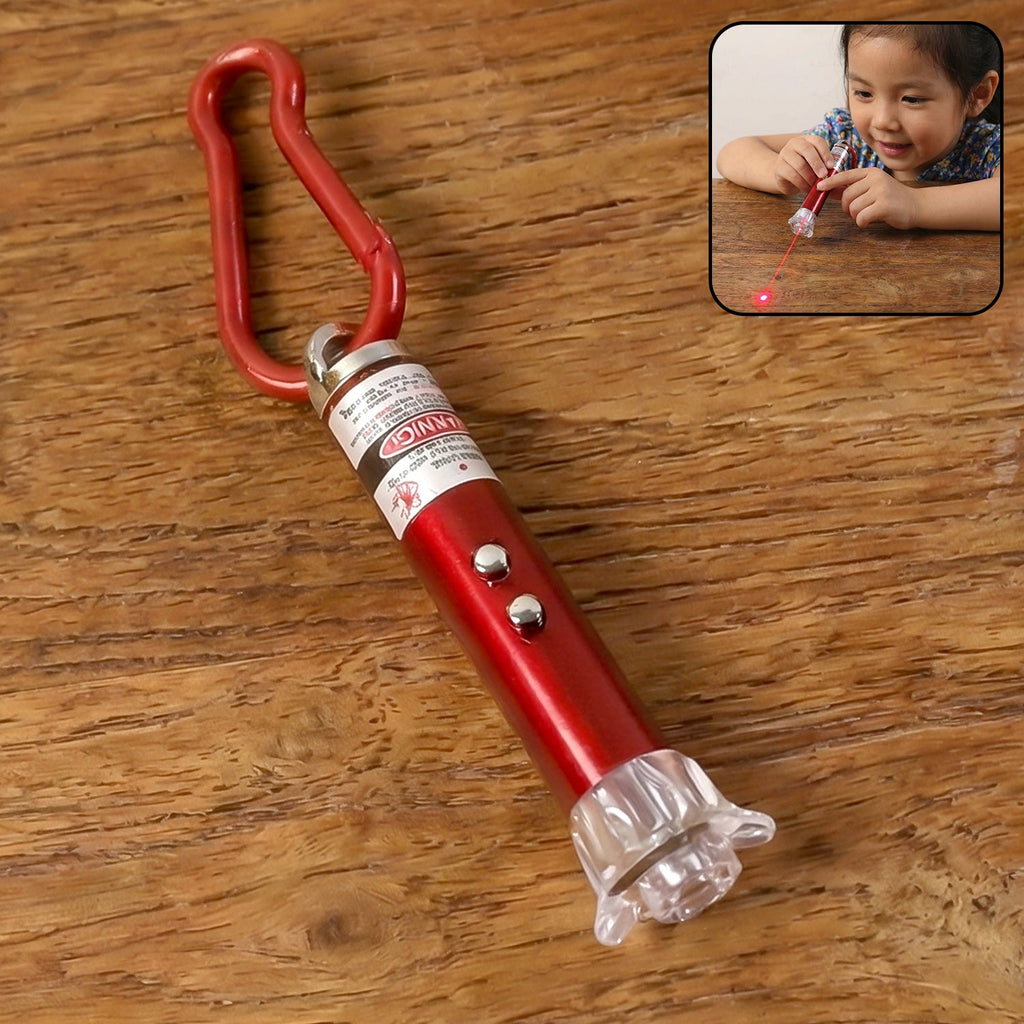 4-in-1 laser pointer, LED flashlight, and keychain on a clean white background.