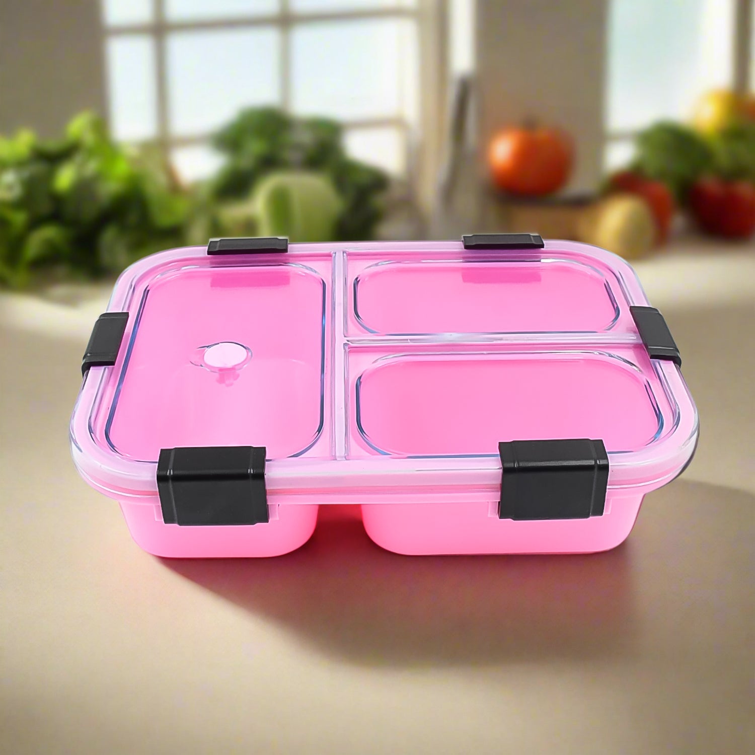 Vibrant blue 3-compartment insulated lunch box with secure lid, perfect for kids' meals.