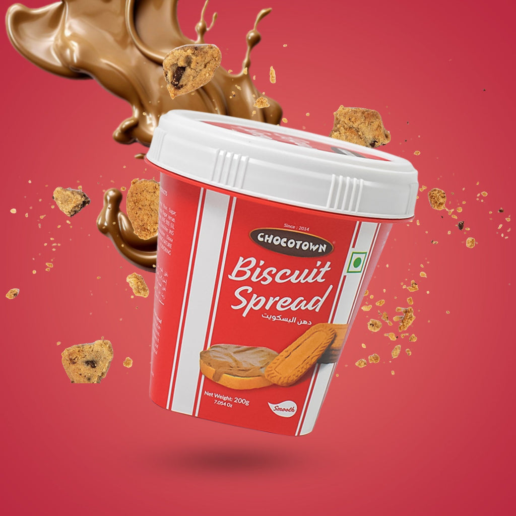 Chocotown Caramelised Biscuit Spread in a jar, showcasing its smooth, creamy texture.