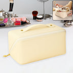 Cream-colored waterproof travel makeup organizer pouch with zipper and carry handle
