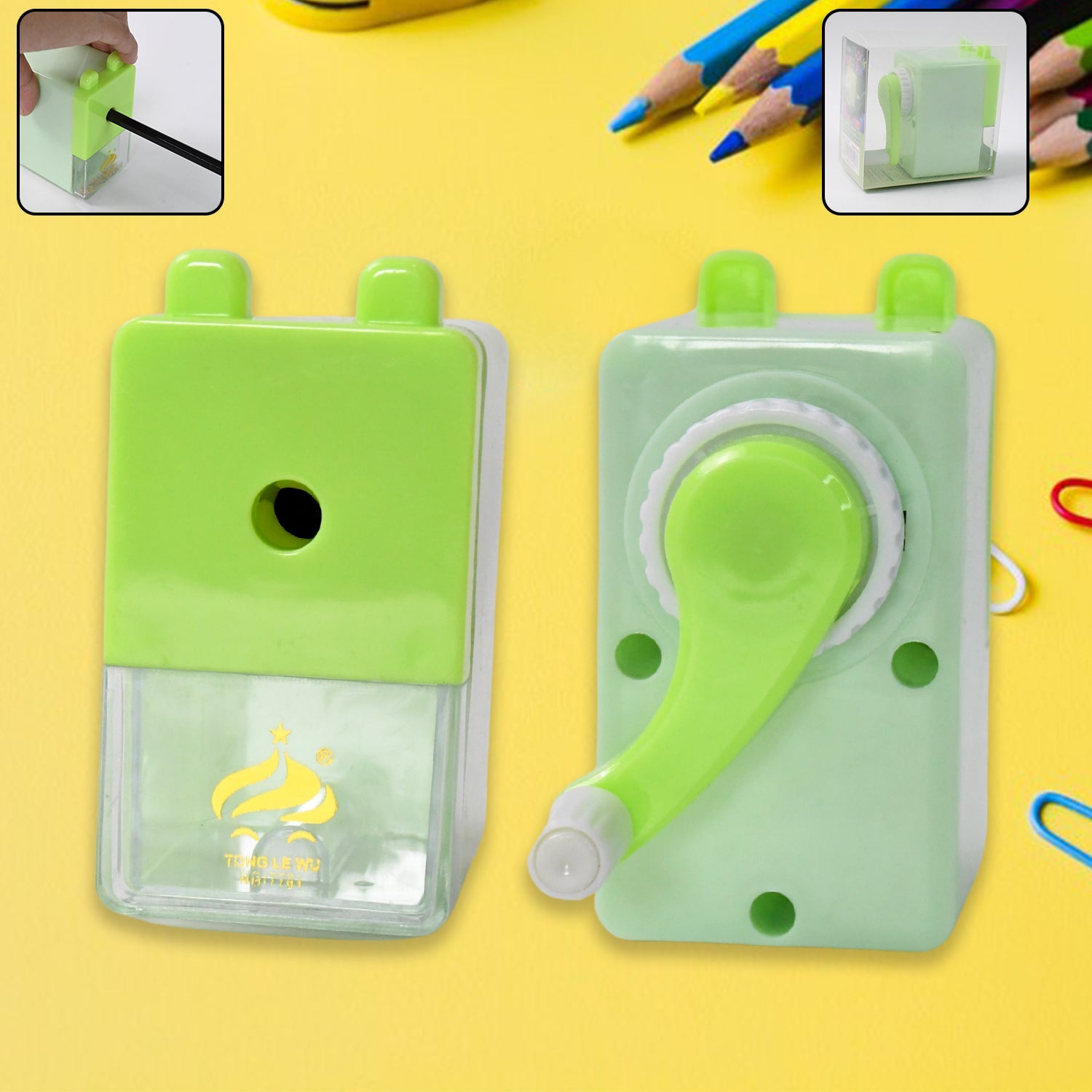 Manual pencil sharpener front angle with waste collector feature