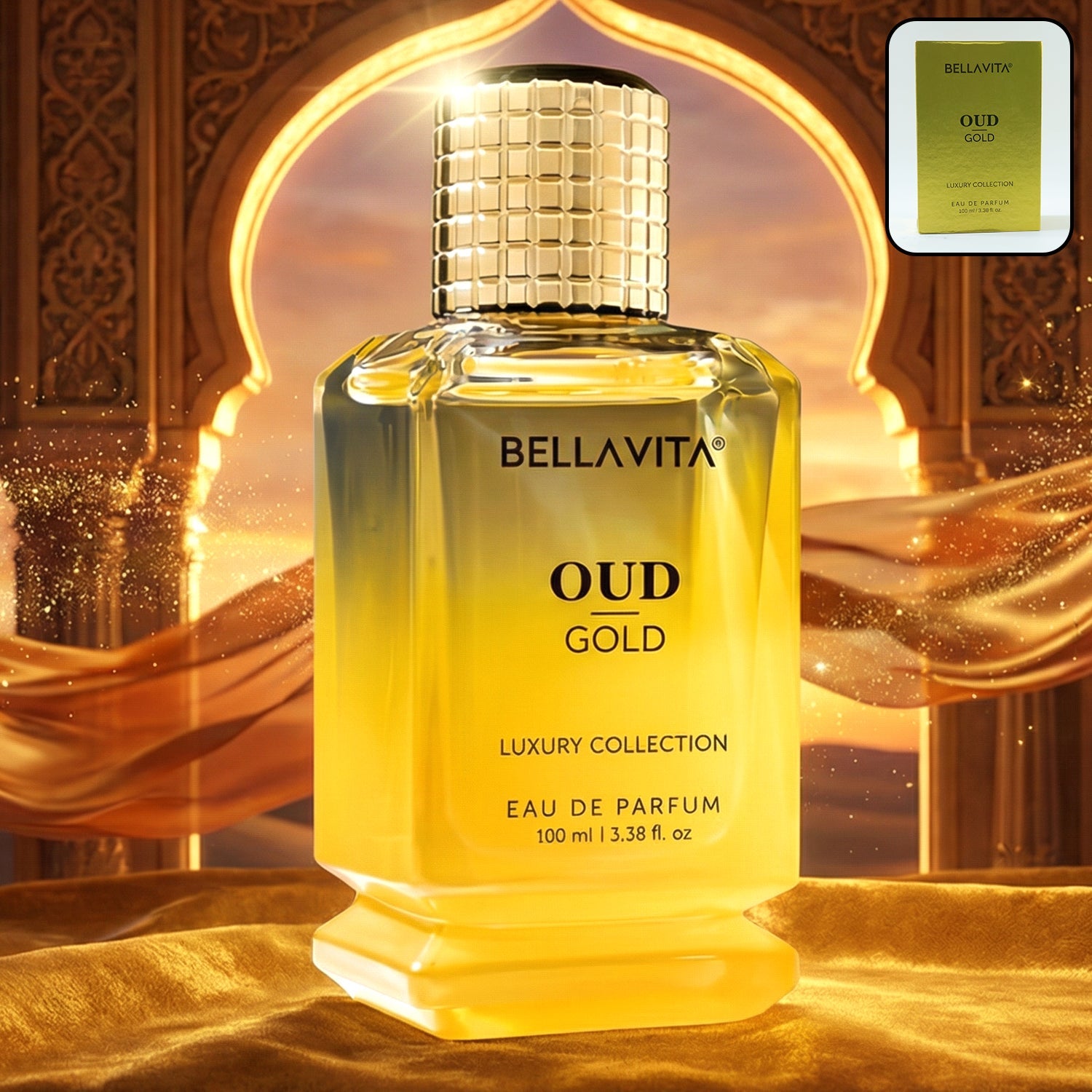 Luxurious Bellavita oud perfume bottle showing elegant gold design