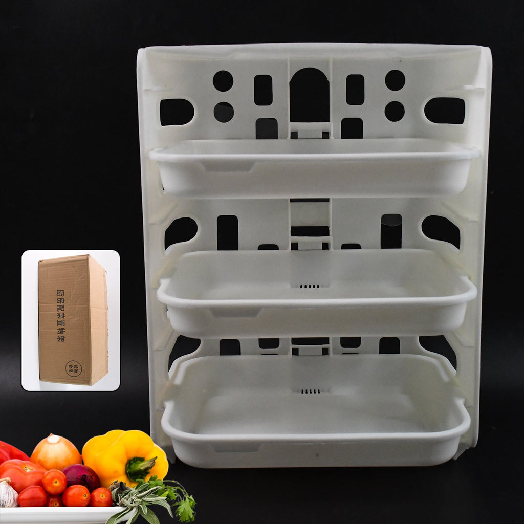 3 layer plastic wall-mounted food organizer rack holding kitchen fruits and vegetables