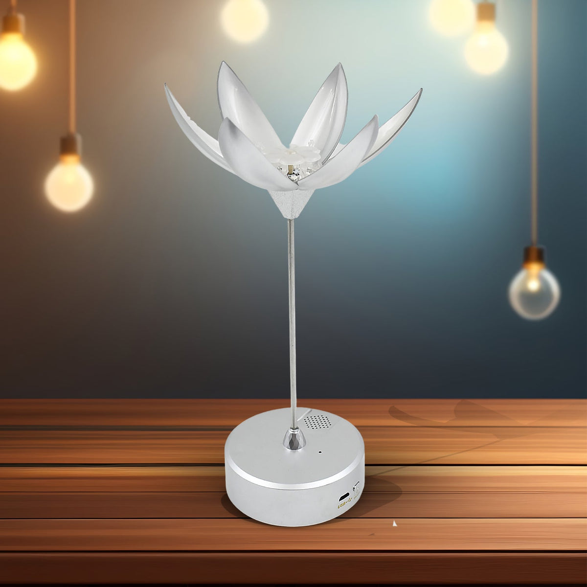 An elegant Lotus Flower Lamp with its petals fully open, emitting a warm glow and ready to play music.