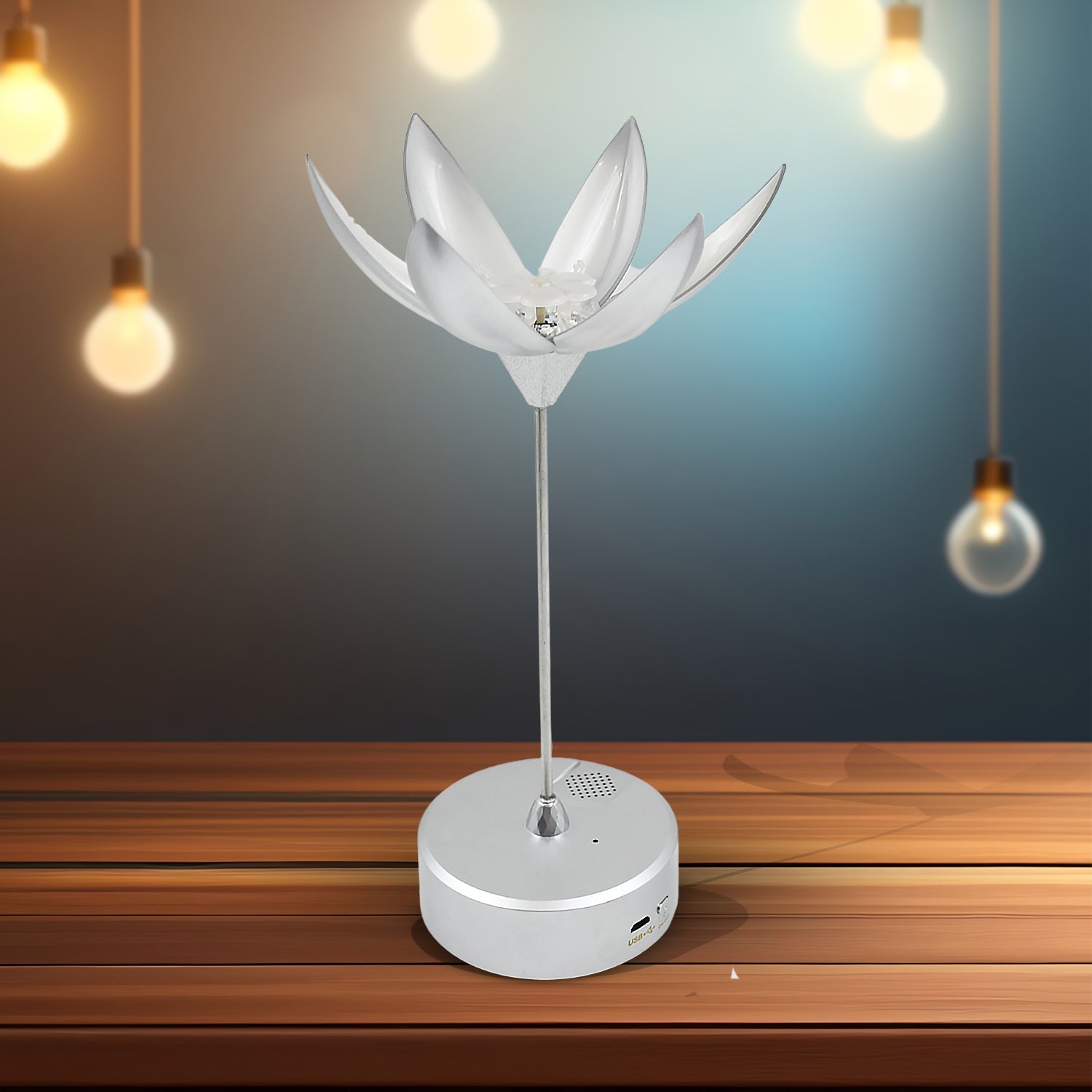 An elegant Lotus Flower Lamp with its petals fully open, emitting a warm glow and ready to play music.