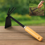 Close-up of the 2-in-1 double hoe, highlighting its wooden handle and durable carbon steel head.
