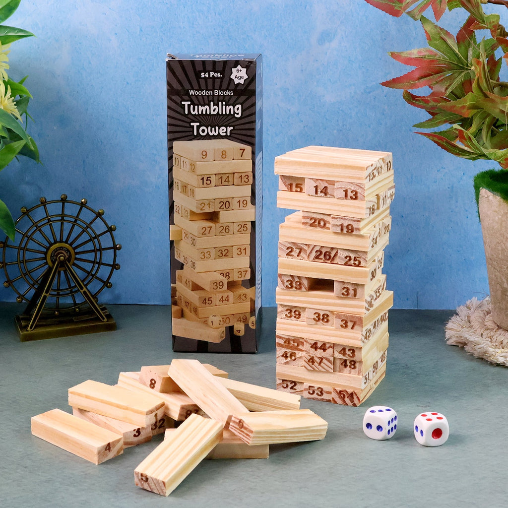 Stacked wooden tumbling tower blocks in game setup