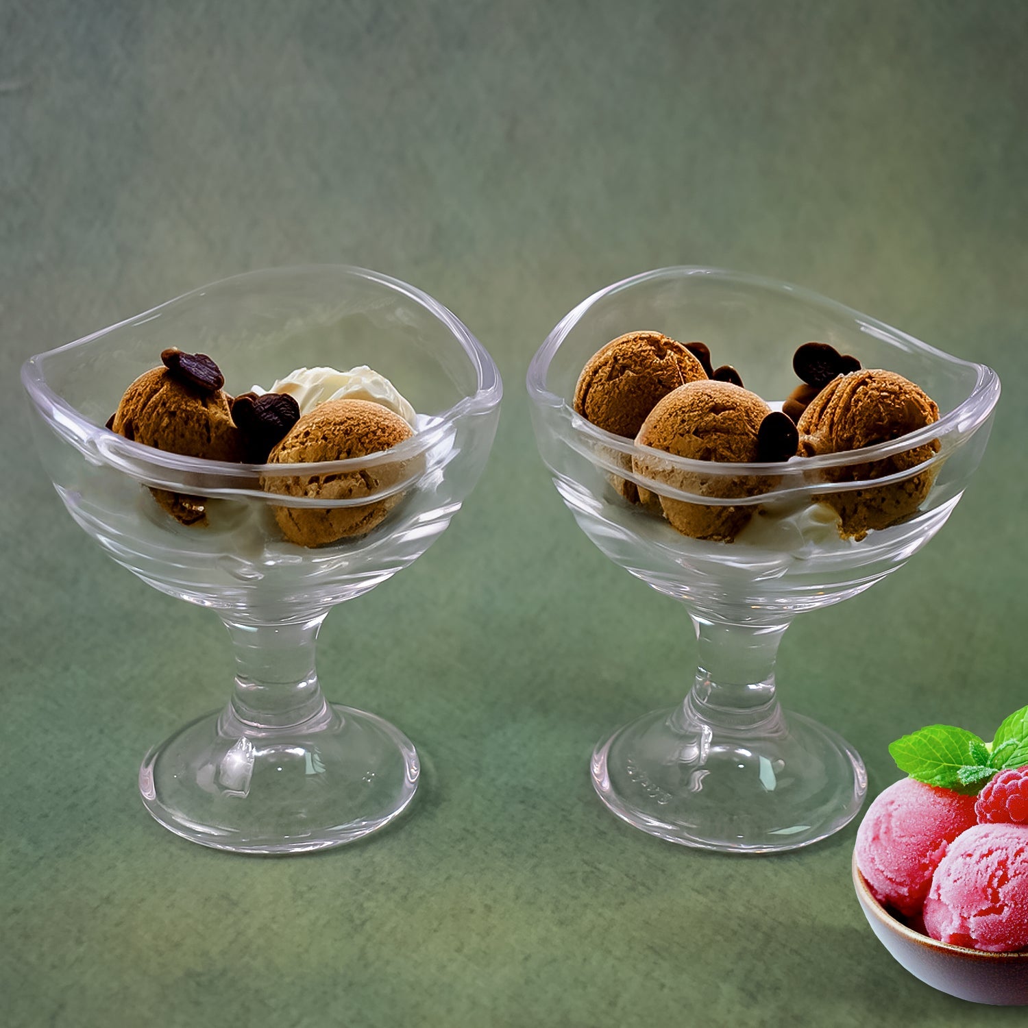 Elegant glass dessert bowl on a footed base, perfect for serving.