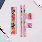 Close-up of the Cartoon Wooden Pencil Set showing a pencil, ruler, sharpener, and eraser.
