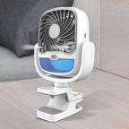 Velvet Wheels Portable Air Cooler with clamp, ideal for desk or stroller use.