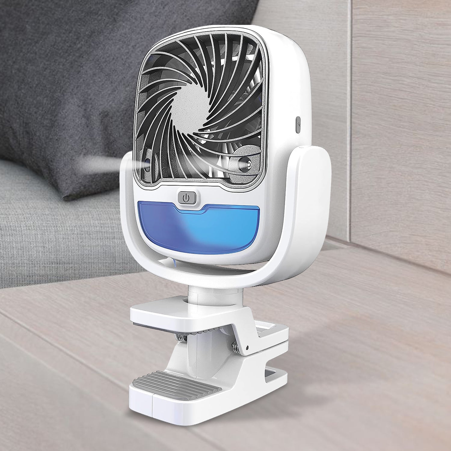 Velvet Wheels Portable Air Cooler with clamp, ideal for desk or stroller use.