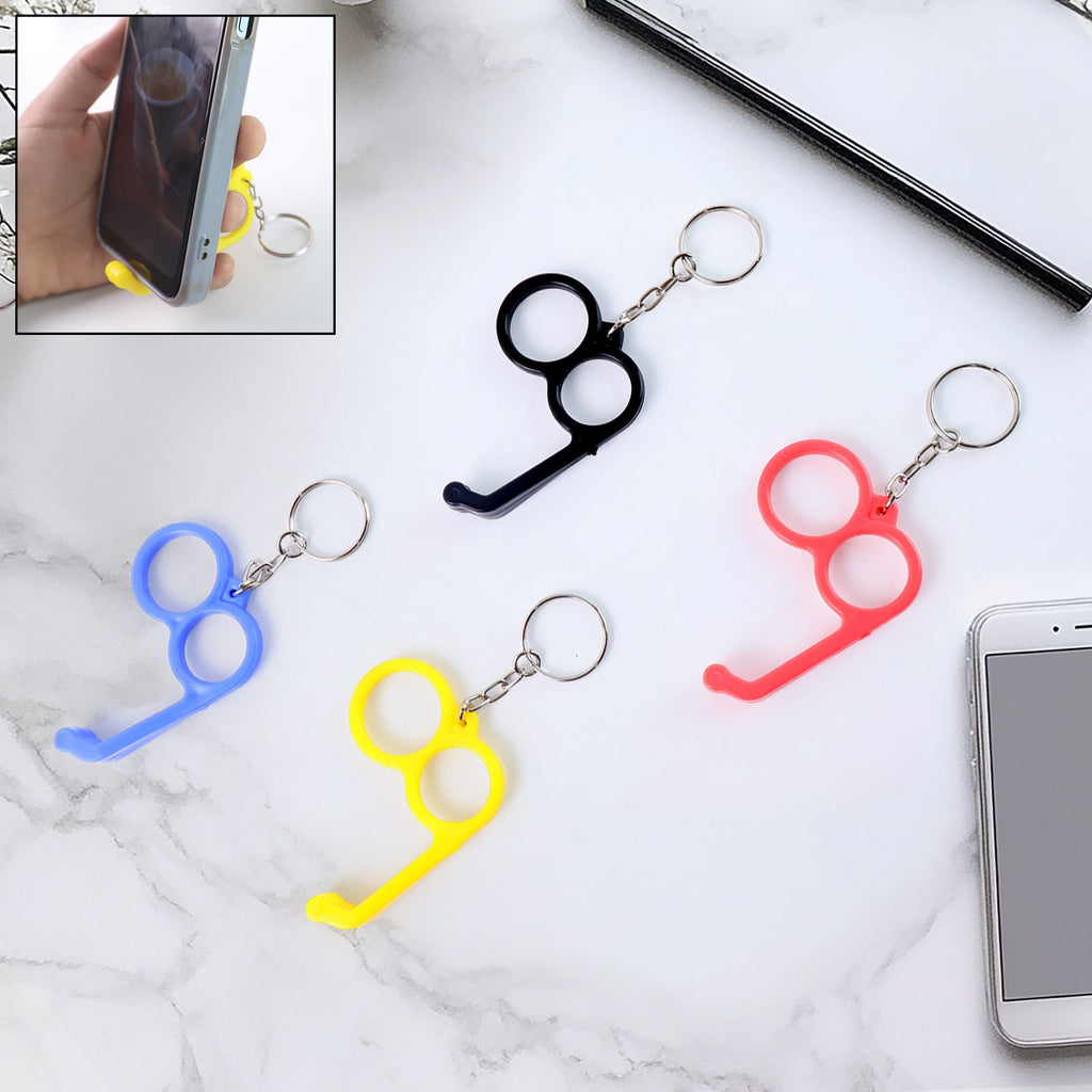 Dual-finger mobile stand keyring in mixed vibrant color holding a smartphone securely