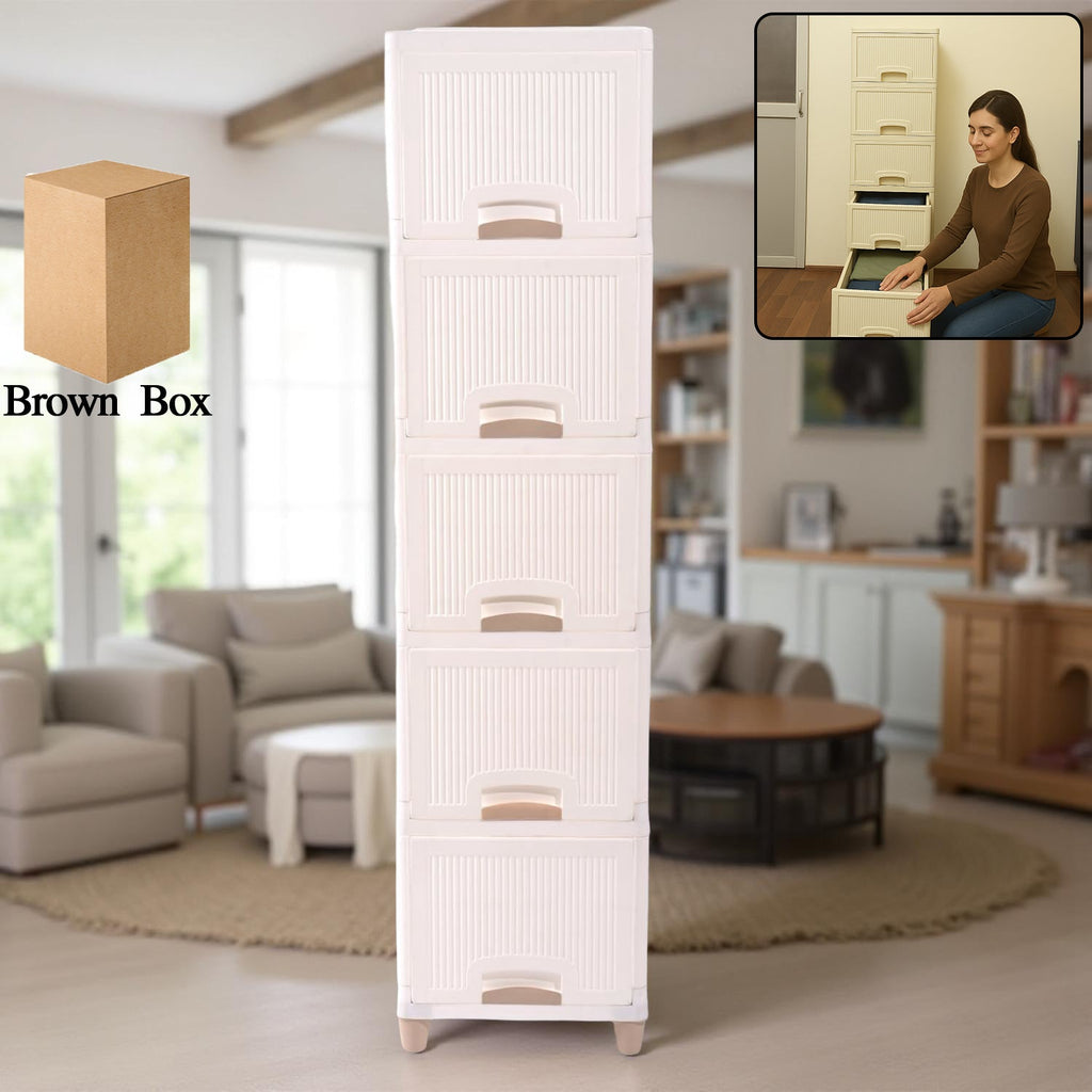 Multi-purpose 5-layer plastic storage drawer cabinet in white with ribbed texture