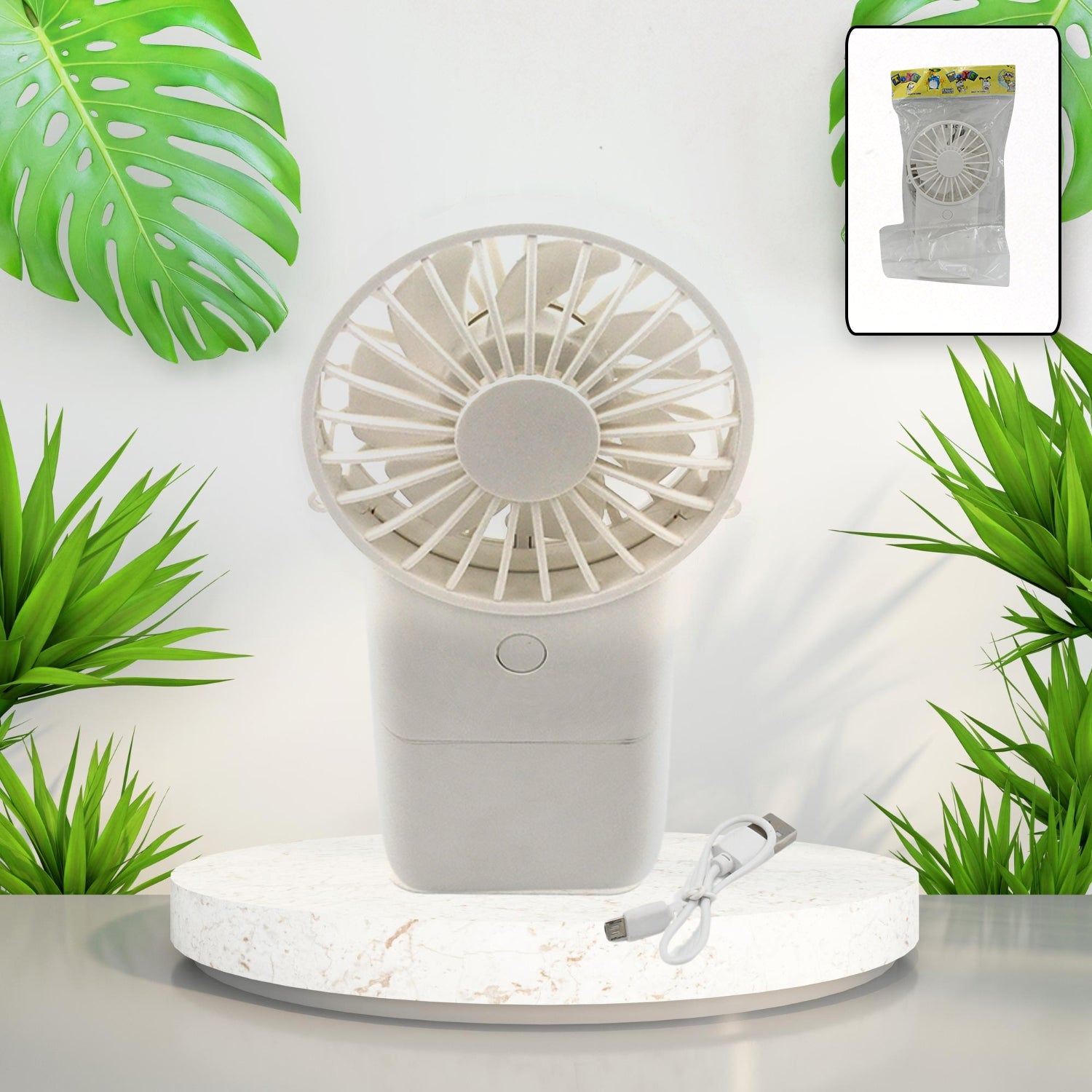 White portable handheld fan with a sleek design, ready for personal cooling.