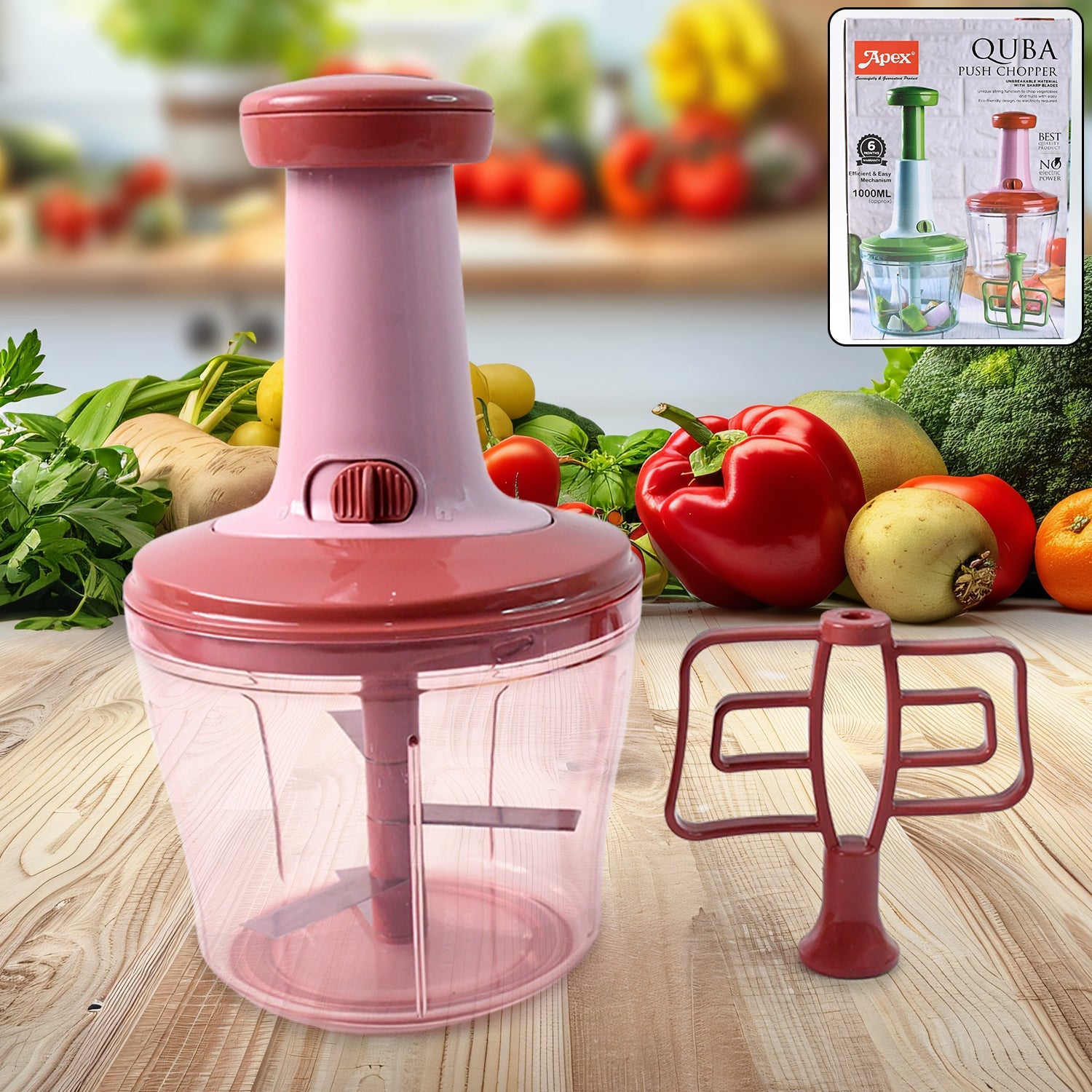 Push Chopper 1000ml with clear container and secure lid lock