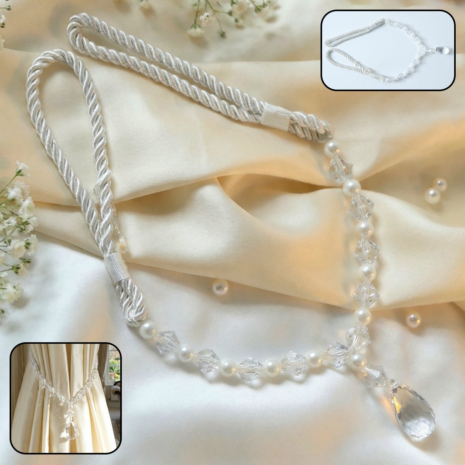 Luxury crystal pearl beaded curtain tieback with teardrop pendant