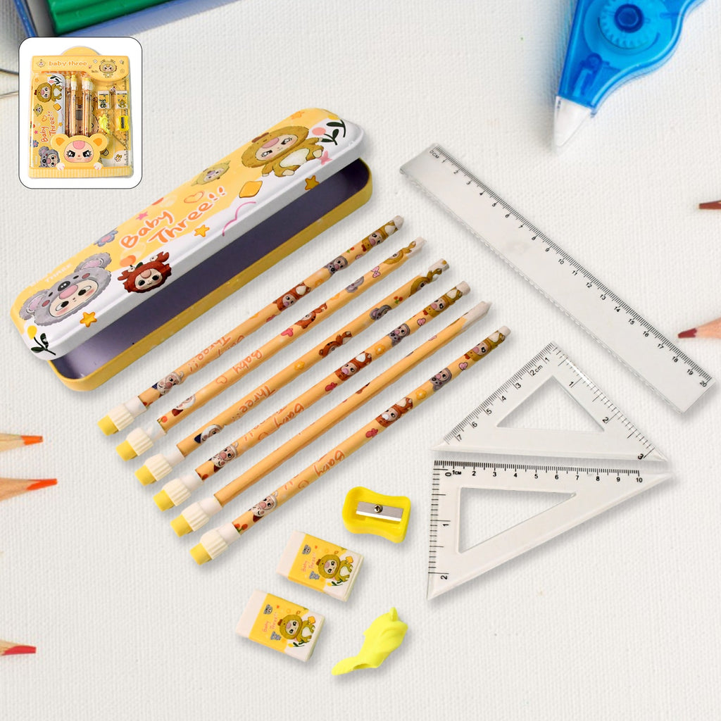14-piece kids stationery kit with cartoon metal pencil box and colorful printed pencils