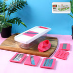 Complete 6-in-1 vegetable slicer set with storage container and interchangeable blades.