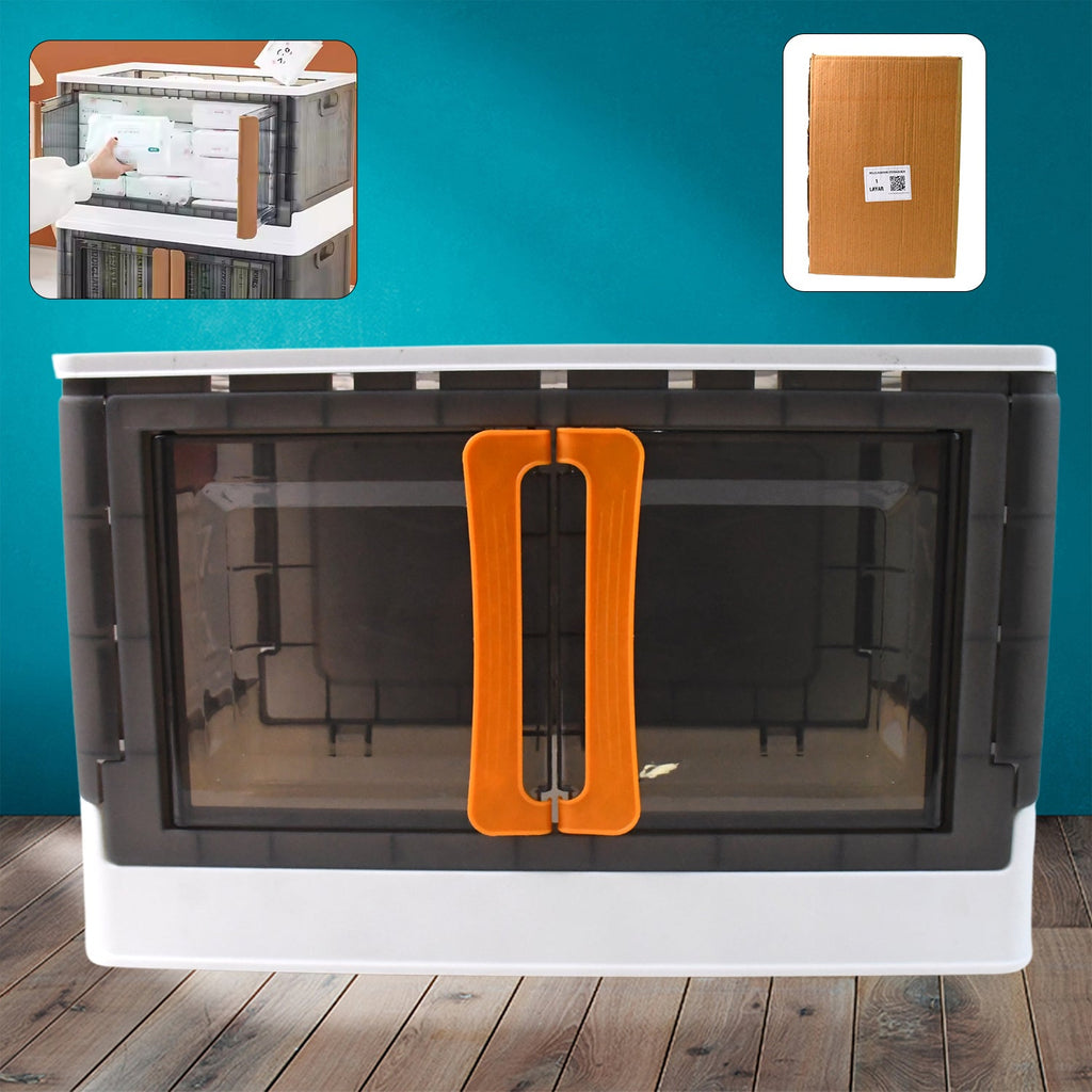 Plastic folding wardrobe organizer showing double doors and wheels for easy storage