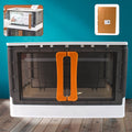 Plastic folding wardrobe organizer showing double doors and wheels for easy storage