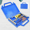 Complete 13-piece portable tire repair kit with all tools and storage box displayed.