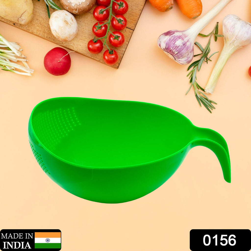 Ergonomic handle on a multi-functional rice washing bowl with integrated drain basket.