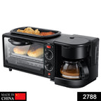 Compact 3-in-1 Breakfast Maker with toaster oven, grill pan, and coffee maker.