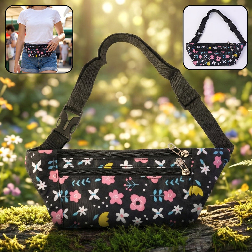 Floral print waist bag with multiple zipper compartments