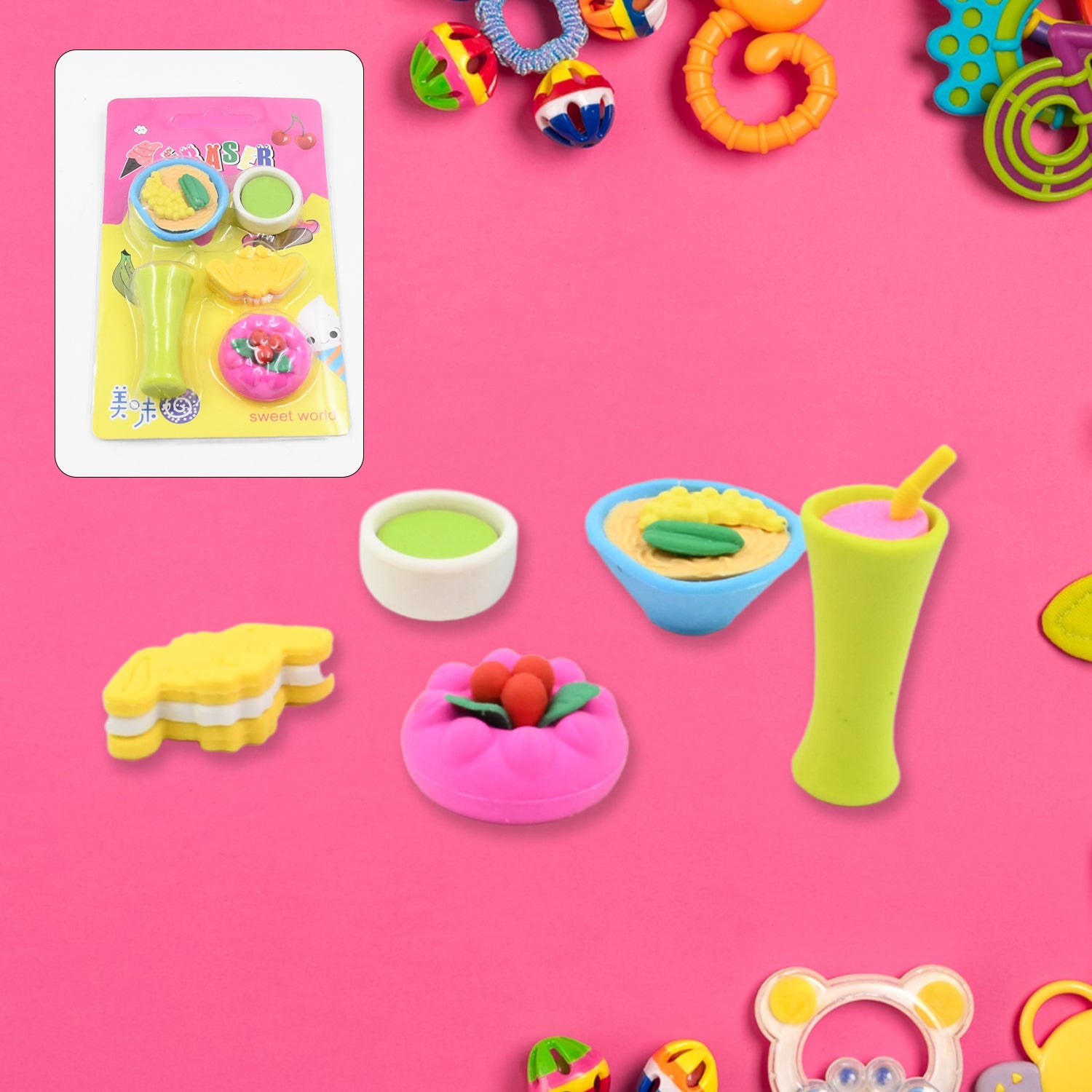 A neatly arranged collection of 3D erasers, highlighting their unique shapes and appealing designs for children.