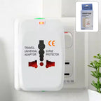 Universal travel adapter front view showing all plug types compatible globally