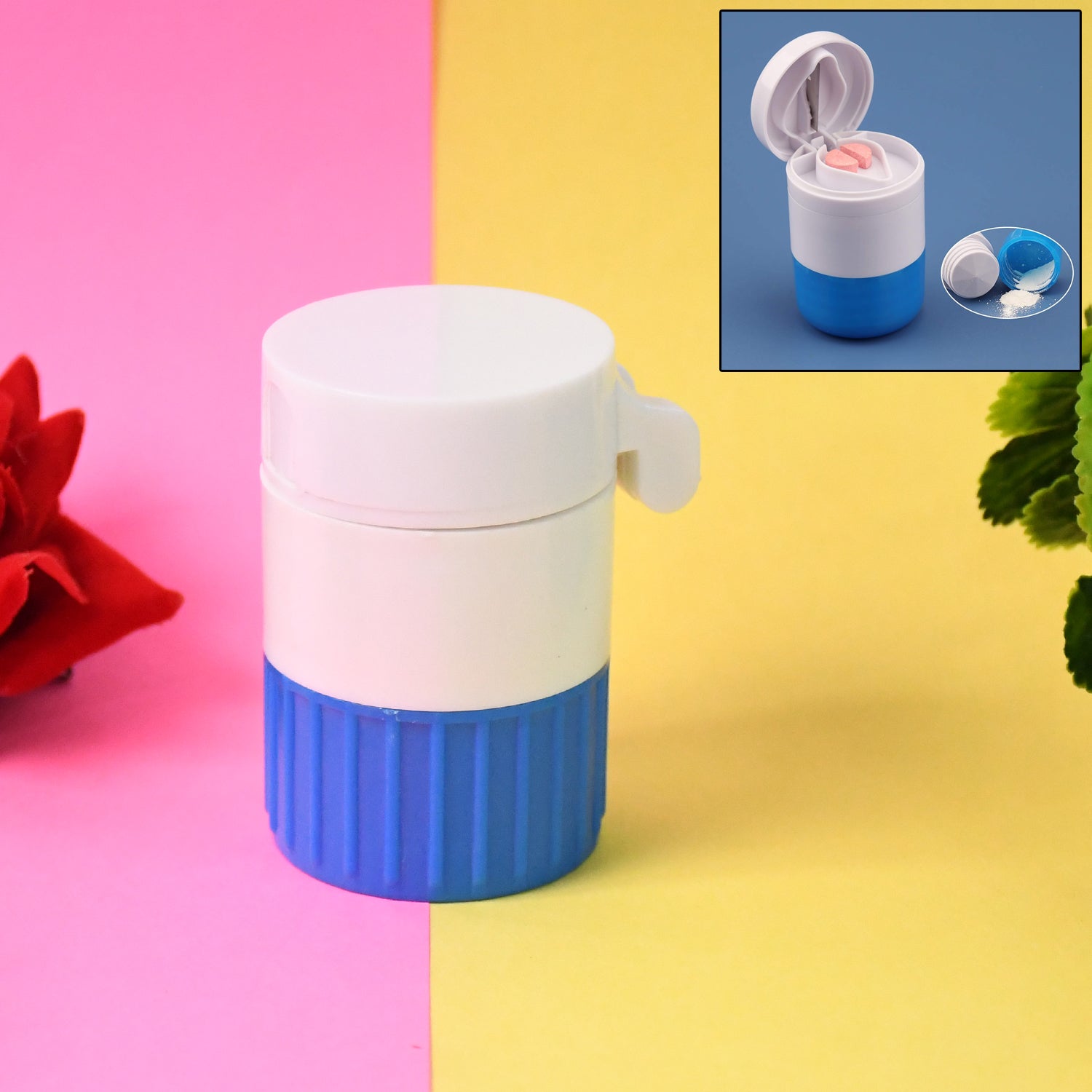 Side view of the Organivo 4-in-1 medicine cutter showing its multi-layer design.