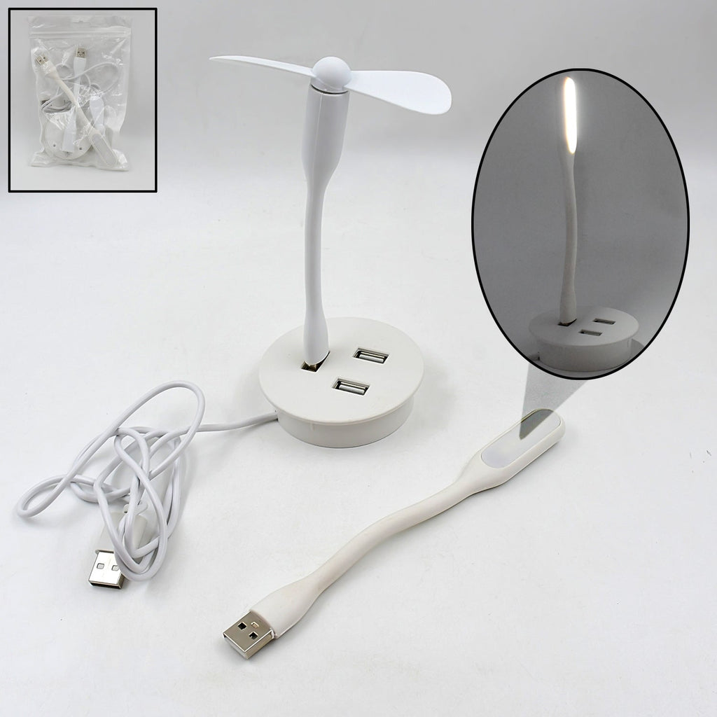 Portable USB Fan and LED light with 3-port USB hub.