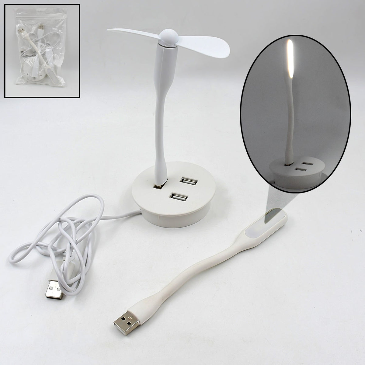 Portable USB Fan and LED light with 3-port USB hub.