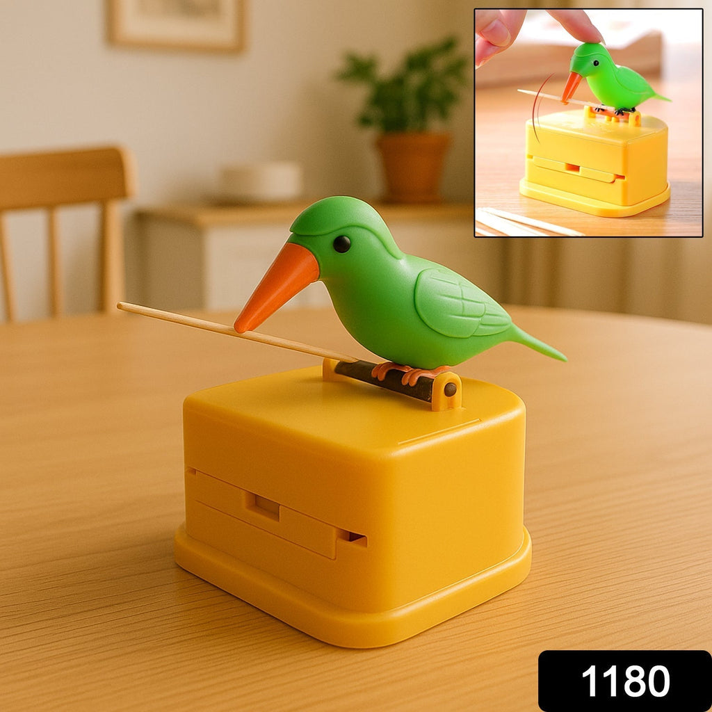 Close-up view of bird toothpick dispenser showing press-type toothpick release